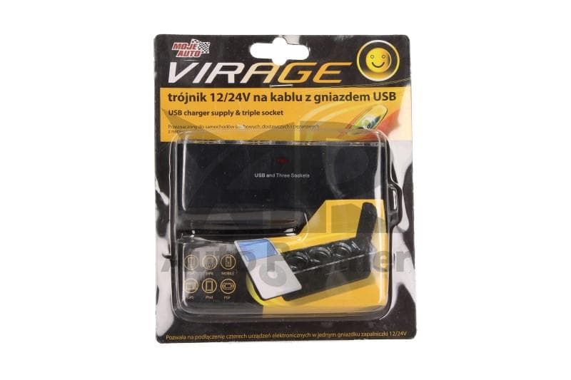 ROZGAŁĘZIACZ SAMOCHODOWY TRÓJNIK 12/24V NA KABLU Z GNIAZDEM USB  / VIRAGE